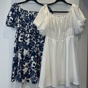 SHEIN Dress Bundle 2 Pc Babydoll Mini Dresses White & Blue Floral Puff Sleeve L